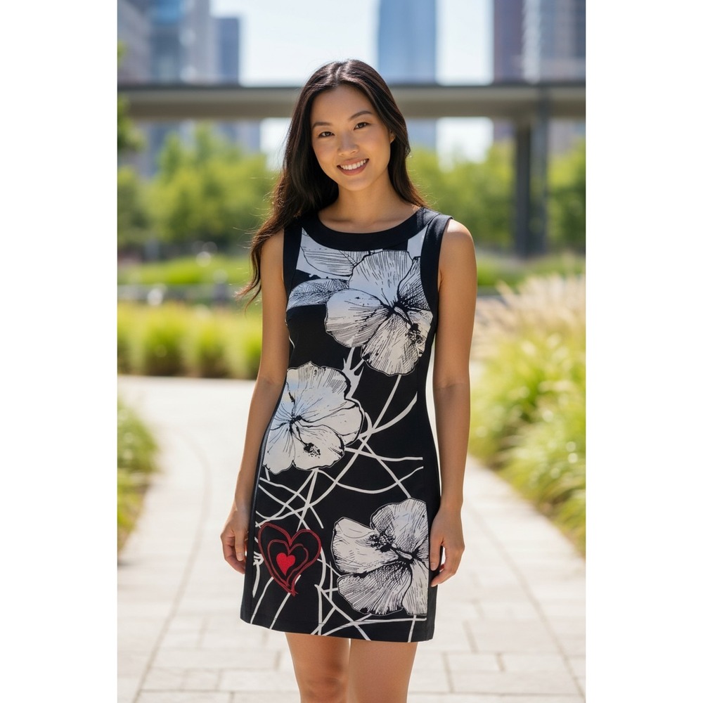 Desigual Alicia Sheath Dress Black/White Floral Chic Cocktail Party Size 6